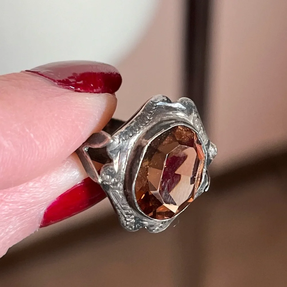 Antique Art Deco 1920’s Sterling Silver pink brown Glass Victorian Signet Ring - Picture 15 of 17